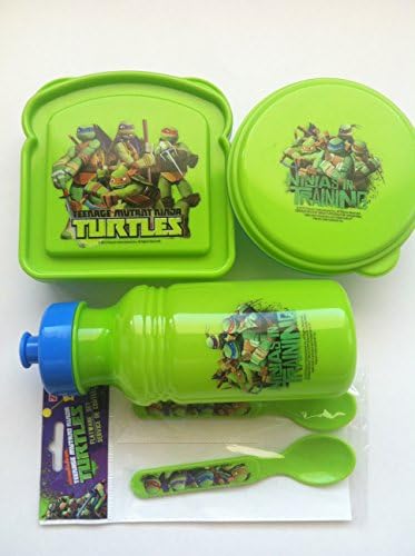 Teenage Mutant Ninja Turtle Bundle of 4 Reusable Lunch Items: One Sandwich Container + One Drinking Bottle + One Round Snack Container + One Flatware Set (Contains 2 Spoons Only).