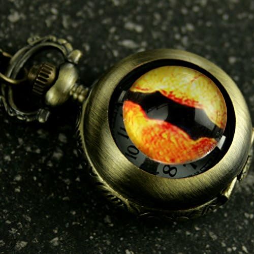 Steampunk Bronze Antique Pocket Watch Necklace Victorian Pendant with Charm Glass Dragon Eye