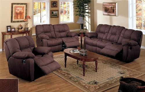 3pc Chocolate Brown Microfiber Motion Recliner Loveseat Sofa Chair Set