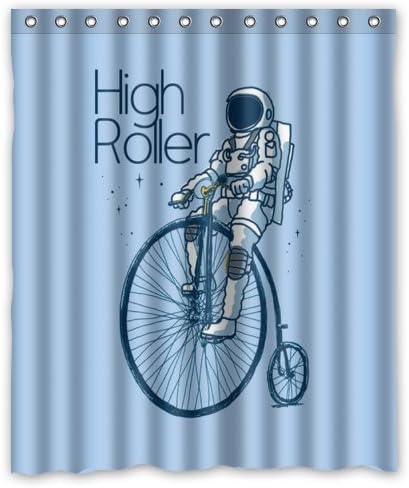 Waterproof Bathroom Fabric Shower Curtain, Funny Spaceman Quotes Astronaut Riding Bicycle Art Print Design 60" x 72"