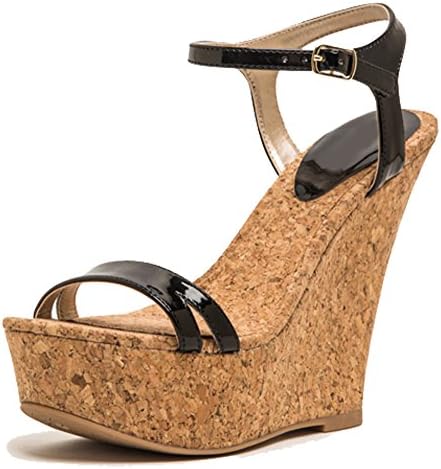 Fast Fashion Shoes Patent Leather Cork Wedge Sandals (7.5 B(M) US, Black)
