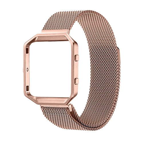 Fitbit Blaze Watch Band with Frame Housing, Oenbopo Milanese Loop Stainless Steel Watch Band Bracelet Wrist Strap + Metal Frame Housing for Fitbit Blaze Smart Fitness Watch(Rose Gold with Frame)
