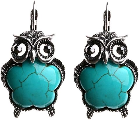 Dongqi Tibetan Silver Owl Design Crystal Eyes Flower Shape Turquoise Inlay LeverBack Earrings