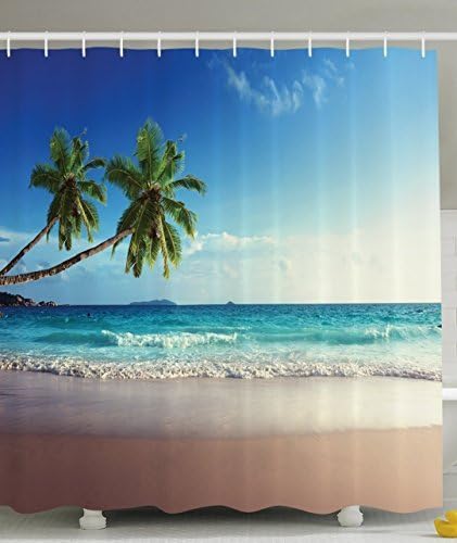 Think Yes Palm Tree Decor for Bathroom Tropical Island Scenery Wave Art Beach Pictures; Prints Photos The Contemporary Artwork for Bath Decorations In Fabric Shower Curtain