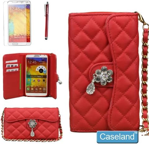 Galaxy Note 3 Case,Note 3 Flip Case,Note 3 Wallet Case,Caseland@ Lady Soft Hand-held Plum Buckle With Crystal Pendant Leather Case For Samsung Galaxy Note 3 N9000 With 1 stylus + 1 Protector Screen (red)