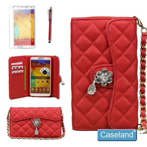 Galaxy Note 3 Case,Note 3 Flip Case,Note 3 Wallet Case,Caseland@ Lady Soft Hand-held Plum Buckle With Crystal Pendant Leather Case For Samsung Galaxy Note 3 N9000 With 1 stylus + 1 Protector Screen (red)