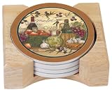 CounterArt Tomatoes and Garlic Design Round Absorbent Coasters in Wooden Holder, Set of 4