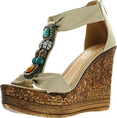 Refresh GRITA-05 Women's Beaded Platform T-strap Cork Wedge Heel Sandal