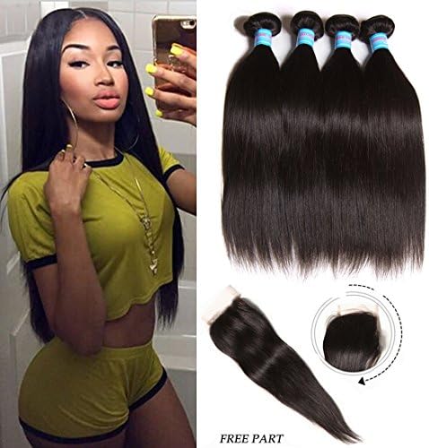 Jolia Hair 6a Grade Virgin Brazilian Straight Hair 3 Bundles with Free Part Lace Closure Unprocessed Virgin Human Hair Weave Extensions Pack of 4 Natural Black Color (10 12 14+10)