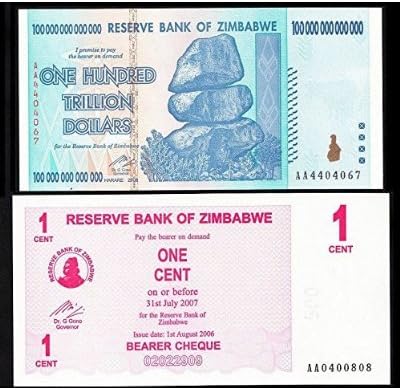 Zimbabwe 100 Trillion Dollars & 1 Cent, AA/2006 & 2008 Series, P-91,33, UNC