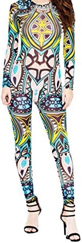 Women Sexy Bandage Bodycon Jumpsuit Tattoo Print Bodysuit 3XL Green