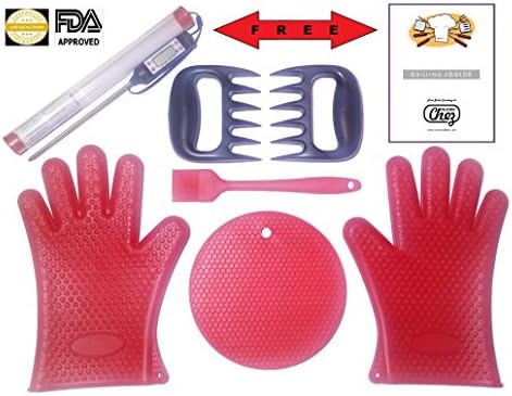 Best Bundle: Heat Resistant Silicone Gloves for BBQ/Kitchen/Smoker/Oven/Gift Set 6pc+2FREE includes Thick Pr Gloves/Solid Basting Brush/Thick Trivet/Meat Claws +2BONUSES: Thermometer 14.95value+Grilling eGuide(Red)