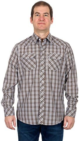 Mens Western Long Sleeve Pearl Snap Plaid Shirt (Large, Brown-White)