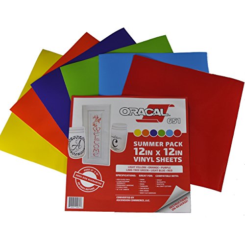 Oracal 651 Summer Pack Adhesive Craft Vinyl for Cricut, Silhouette, Cameo, Craft Cutters, Printers, and Decals - 12" x 12" 5 Sheets - Gloss Finish - Outdoor and Permanent