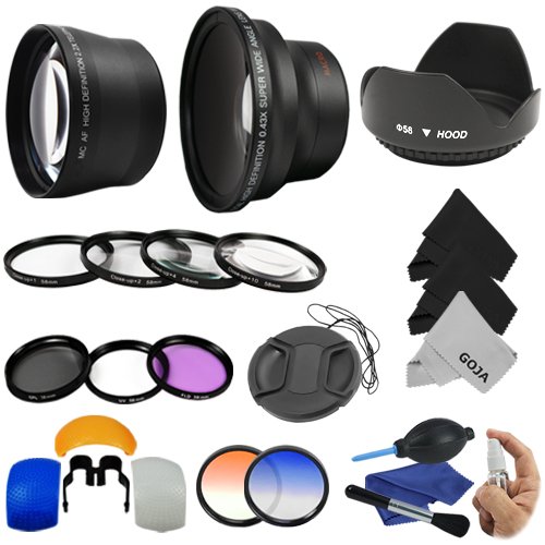 Essential Kit for CANON REBEL (T3i T3 T2i T2 T1i XTi XT XSi XS), CANON EOS (1100D 600D 550D 500D 450D 400D 350D 300D) Includes: 58mm .43x Super Wide Angle & 2.0x Telephoto High Definition Lenses + Filter Kit (UV, Polarizing, Fluorescent) + Macro Close Up Set + Tulip Flower Lens Hood + Center Pinch Lens Cap + 2 Graduated Color Filters (Orange, Blue) + Flash Diffuser Set + Deluxe Cleaning Kit + 3 Premium Goja Microfiber Cleaning Cloths