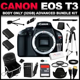 Canon EOS Rebel T3 12.2 MP CMOS Digital SLR Camera and DIGIC 4 Imaging (Body Only) (32GB Advanced Bundle Kit) includes Charger, x2 Batteries, 32GB SD Card, USB Card Reader, HDMI Cable, Carrying Case, Mini Tripod, 67 Monopod, 57 Tripod and Cleaning Kit