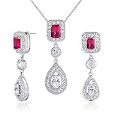 Dazzling 2.75 carats Radiant Cut Created Ruby Pendant Earrings Set in Sterling Silver