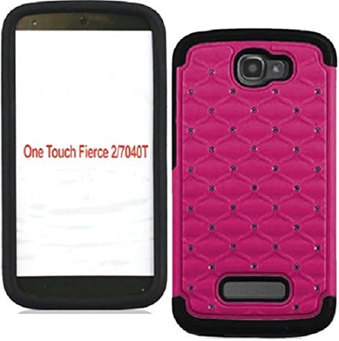 iViva presents Alcatel One Touch Fierce 2 7040T (Not Fit Fierce) Hybrid Diamond Studded Rhinestone Bling Shock Absorbing Silicone Rubber Skin Hard Case Combo + LCD Clear Screen Protector + Stylus Pen + 3.5mm Anti-Dust Plug (Black/ Hot Pink)