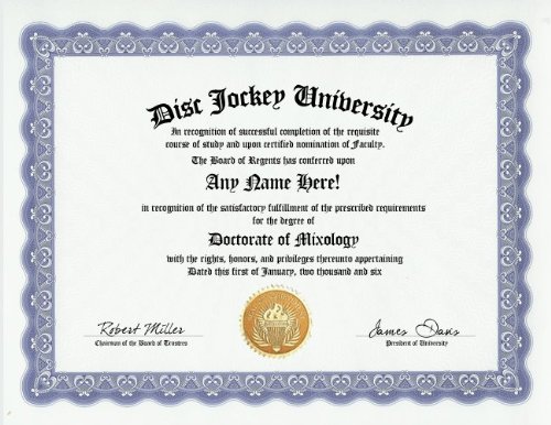 Disc Jockey DJ Degree: Custom Gag Diploma Doctorate Certificate (Funny Customized Joke Gift - Novelty Item)