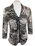Boho Chic Long Sleeves, V-Neck Collar, Shirred Zip Front, Black & White Fashion Top - Spotted Pattern