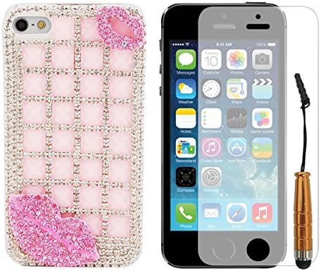 VAMVAZ Fashion Pink Background 3D Bling Rhinestone Squares Sexy Lips Design Hard Back Case Cover Skin For Apple iPhone 5 5G 5S+ Touch Pen Stylus+ Front Screen Protector