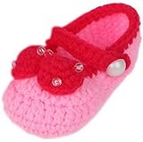 C-Princess 新生児 幼児 赤ちゃんシューズ11CM毛糸 かぎ針編み可愛い立体ビーズと蝶結びデコデザインのベビーファーストシューズ 歩行靴 靴ひも付き 軽量タイプ 手編みベビー靴 (1ピンク)