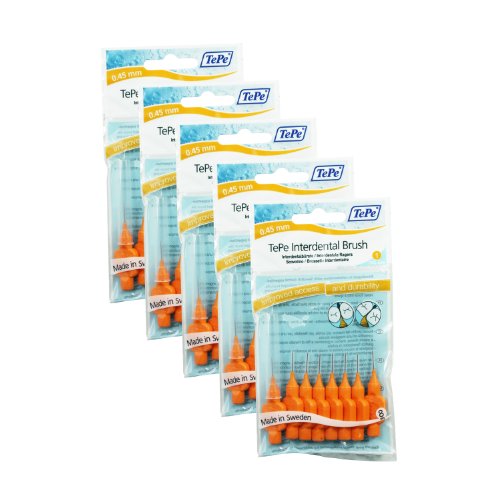 Orange TePe Interdental Brushes 0.45mm - 5 Packets of 8 (40 Brushes)