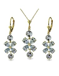 14k Yellow Gold Flower Necklace and Earrings Set with Aquamarine Gemstones