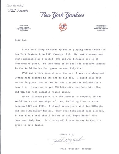 Phil Rizzuto Autographed New York Yankees Letter on Yankees letterhead
