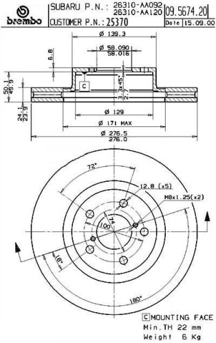 Brembo 25370 Front Disc Brake Rotor
