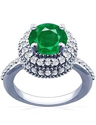 14K White Gold Round Cut Emerald Ring With Sidestones