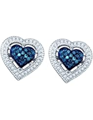 10K White Gold 0.40CT Blue & White Round Cut Diamond Heart Earrings