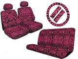 9 Piece Safari Animal Print Automotive Interior Gift Set – 2 Low Back Bucket Seat Covers with Separate Head Rests, Universal Fit Bench Seat Cover, Universal Fit Steering Wheel Cover, and 2 Seat Belt Shoulder Pads – Hot Pink Zebra