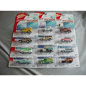 Johnny Lightning Surf Rods COMPLETE set Beetle, Woody, Nomad, Ambulance, Ford, Chevy by