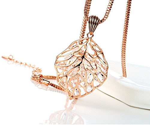 Finov Crystal Stuffing Gold Plated Hollow Leaf Long Chain Necklace