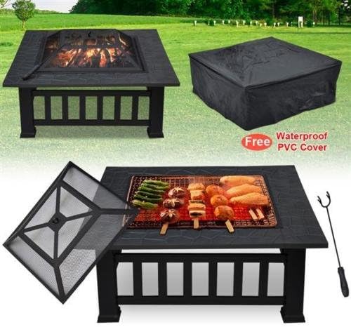 32'' Outdoor Garden Fire Pit BBQ Grill Brazier Square Stove Patio Heater Firepit