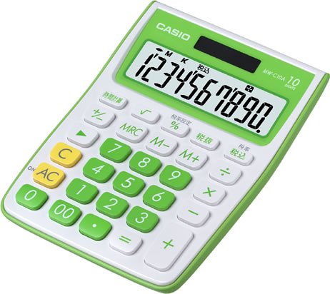 CASIO カラフルミニジャストタイプ電卓 MW-C10A-GN-N 10桁 (エコ仕様 00キー/桁落しキー追加 表示保護パネル追加)