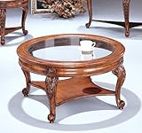 Hand Carved Wood w/Glass Top Round Occasional Coffee Table