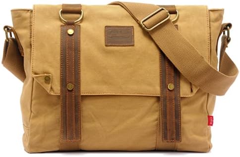 EcoCity Men's Vintage Military Messenger Bag Fashionable Canvas Shoulder Bag Fits Up to 14 Inch Laptop Macbook Computer (Khaki)