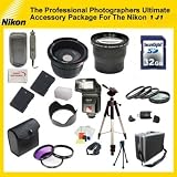 The Professional Photographers Ultimate Accessory Package For The Nikon 1 J1 Digital Cameras. includes: 32GB Hi Speed Error Free Memory Card, Hi Speed Card Reader, 52mm Macro Lens Kit, 2 Replacement Batteries, Hard Flower lens Hood, 0.5x Professional Wide Angle Lens , 3.6X Telephoto Lens, 72 Inch tripod, Professional Digital Camera Swivel TTL Flash, Flash Diffuser, Hard Carrying Case, Lens Cleaning Kit, Screen Protectors, Flexible Mini Tripod and More...
