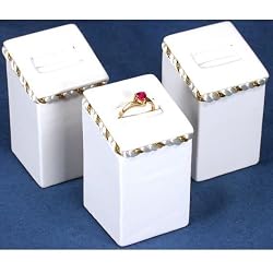 3 Leather Ring Displays White Showcase Gold Trim 2.75"