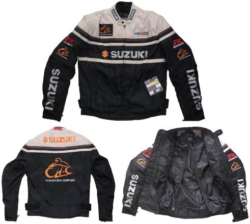 Suzuki Mens Motorcycle Jacket Water Resistance Windproof With 5 Protectors Detachable Liner X-Large PU+Polyester HJ001 Black XL