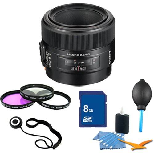 Sony SAL50M28 50mm f/2.8 Macro Lens Essentials Kit. Kit Includes Lens, Filter Kit, 8 GB Memory Card, 3 Pcs. Lens Cleaning Kit, Lens Cap Keeper, and Professional Blower / Dust Removal System.