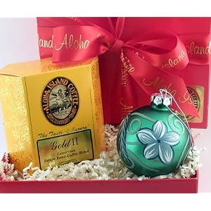 Kona Coffee Blend and Bright Christmas Ornament in Red Gift Box, 4 Oz Ground