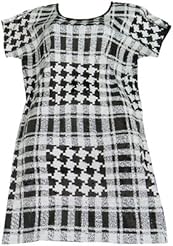 Houndstooth Print Rayon Cocktail Knee Length Sequined Beaded Short Sleeves  Dress
