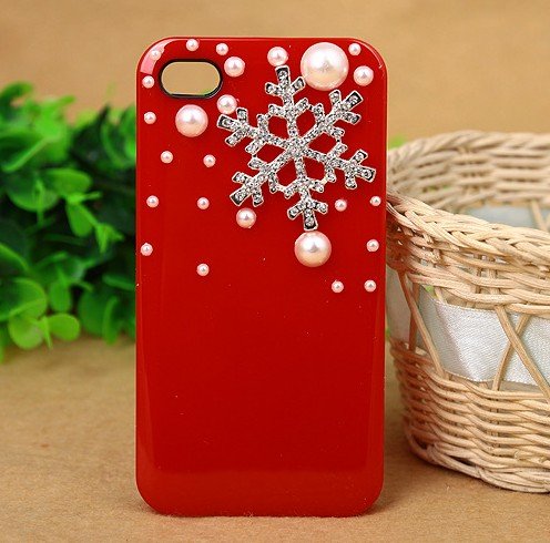 3D Crystal Christmas Snow Snowflake Hard Back Case Cover Pearls for iPhone 4/4s