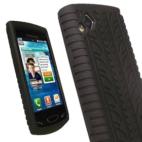 igadgitz �tui en silicone de couleur Noir avec motif trace de pneu et protecteur d'�cran pour Samsung Wave 2 S8530