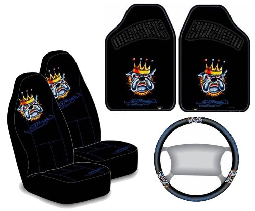 Ed Hardy Bulldog Seat Covers, Floor Mats, Steering Wheel Cover 5-pc Set