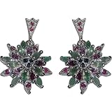 Dangling Earrings in Silver  Multi Gemstone from India 1.25 inches