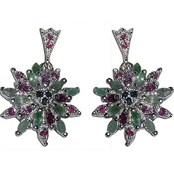 Dangling Earrings in Silver & Multi Gemstone from India 1.25 inches